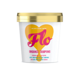 FLO organiskās kokvilnas tamponi, iepakojumā ir 8 regulāras un 8 ar superspēju uzsūktspēju tamponi