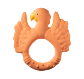 NATRUBA ar rokām darināta, bioloģiski noārdāma dabīgā kaučuka rotaļlieta bez ķīmiskām vielām, kas kalpo gan kā graužams, gan kā vannoties paredzēts papagailis oranžā krāsā, piemērota bērniem no 0+ gadiem.