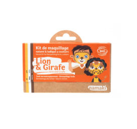 NAMAKI hipoalerģiska sejas krāsu komplekts ar dzeltenu, brūnu un baltiem toņiem, kas izgatavots no dabīgām sastāvdaļām: lauva un žirafe