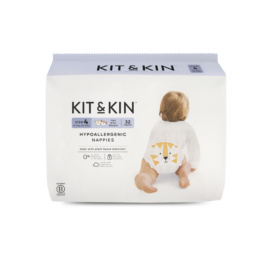 KIT and KIN hipoalerģiskas, bez lateksa un hlora līmlentes autiņbiksītes ar tīģera un lapsas dizainu, izmērs 4 (9-14 kg), 32 gab.