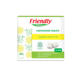 FRIENDLY ORGANIC fosfātu un hlora nesaturošas trauku mazgājamās mašīnas tabletes ar bioloģisko citrona eļļu, 25 gab.