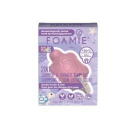 FOAMIE Kids 2in1 zemeņu smaržas plastmasas nesaturošs šampūns un dušas ziepju gabals ar alveju un mandeļu eļļu, 80 g