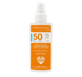 ALPHANOVA SUN SPF50 organiskā monoi aromatizētā ūdensizturīgā minerālfiltra aerosola sauļošanās krēms, 125 ml