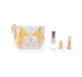 NAMAKI lapsas zeltainu spīdumu pūderis, bezkrāsaina perlamutra lūpu krāsa un kosmētikas maisiņa komplekts ZELTA