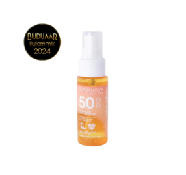 ALPHANOVA DAILY SUN SPF50 ūdensizturīgs iedeguma izsmidzināms eļļa ar aveņu sēklu un jojobas eļļu ar Monoi aromātu, 50 ml CEĻOJUMA IZMĒRS