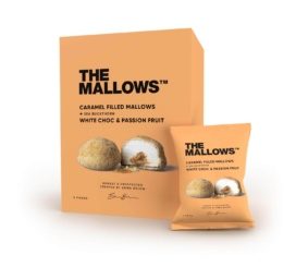 THE MALLOWS zefīri ar karameles pildījumu, pārklāti ar baltu šokolādi, pasifloru un smiltsērkšķiem, 5x11g