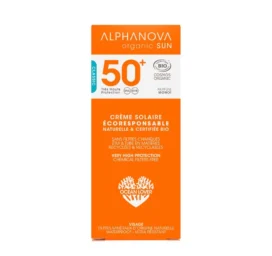 ALPHANOVA SUN SPF50 organiskā ūdensizturīgā sejas sauļošanās aizsarglīdzeklis ar jojobas eļļu un monoi aromātu, 50g