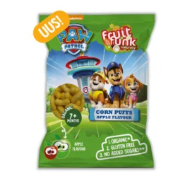FRUITFUNK Paw Patrol bezglutēna kukurūzas nūjiņas ar B1 vitamīnu, organiskas ābolu garšas, piemērotas no 7+ mēnešiem