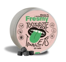 FRESMY Sibīrijas egļu un aktivētās ogles zobu pastas tabletes alumīnija burciņā, 30 gab.