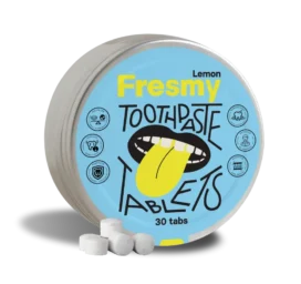 FRESMY zobu tīrīšanas tabletes ar citronu garšu alumīnija traukā, 30 gab.