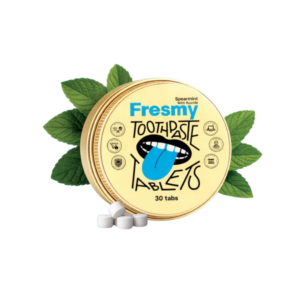 FRESMY Raw Mint (ar fluorīdu) zobu pastas tabletes alumīnija burciņā, 30 gab.