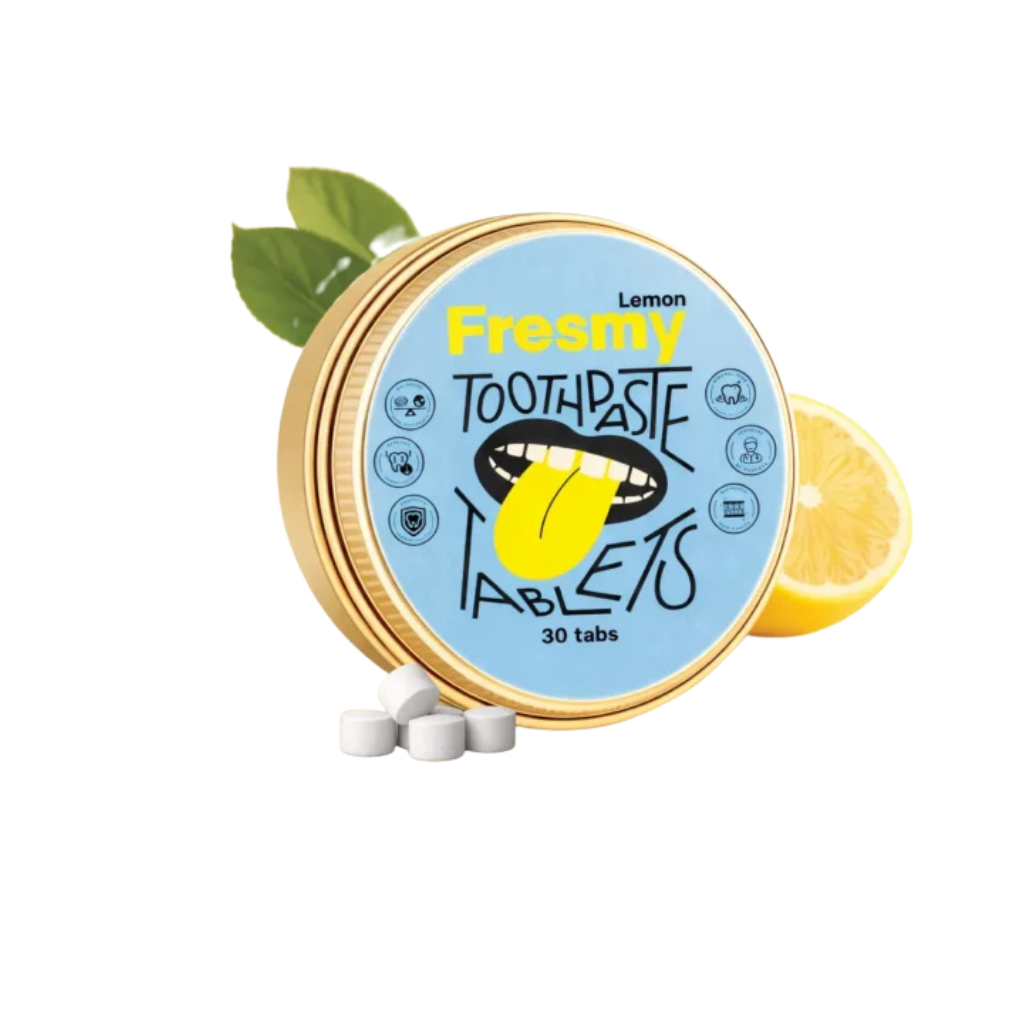 FRESMY zobu tīrīšanas tabletes ar citronu garšu alumīnija traukā, 30 gab.