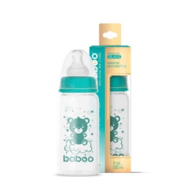 BABOO pretkoliku borosilikāta stikla barošanas pudelīte ar šauru kakliņu, no 0+ mēnešiem, 120 ml