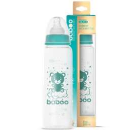 BABOO® pretkoliku borosilikāta stikla barošanas pudele ar šauru kakliņu un medicīniskas kvalitātes silikona knupīti, 3+ mēneši, 240 ml