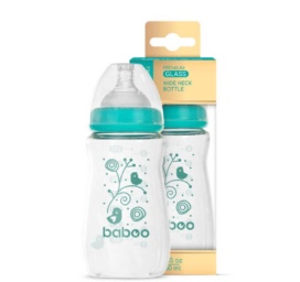 BABOO® pretkoliku borosilikāta stikla barošanas pudele ar platu kakliņu un medicīniskās kvalitātes silikona knupīti, 3+ mēneši, 250 ml