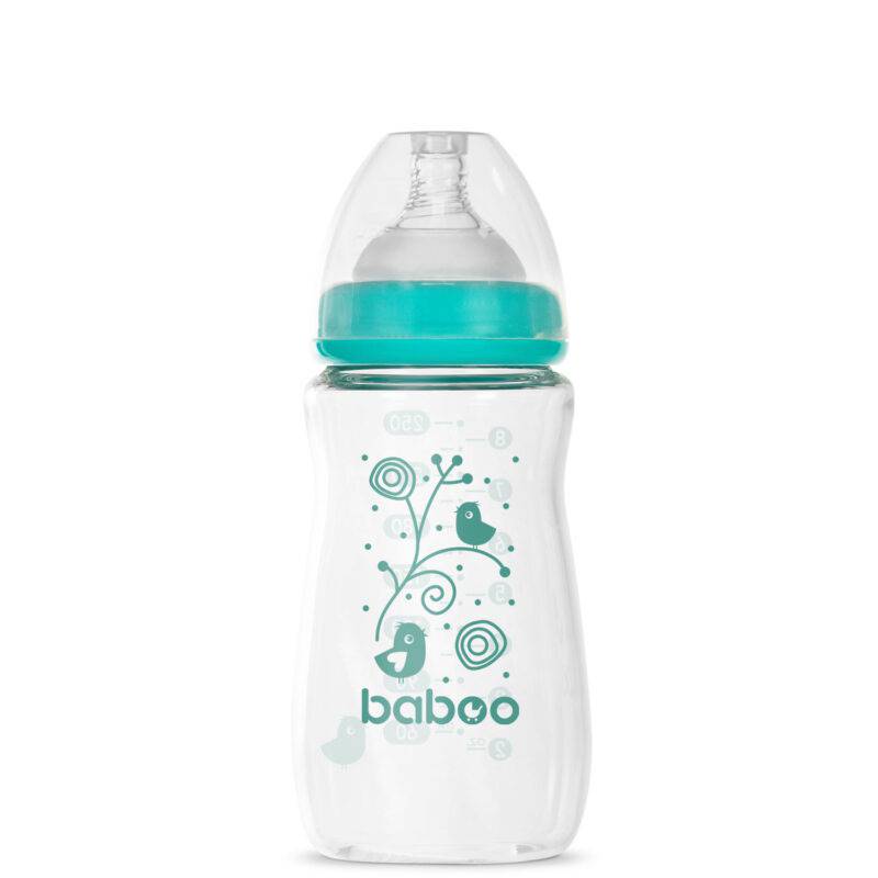 BABOO® pretkoliku borosilikāta stikla barošanas pudele ar platu kakliņu un medicīniskās kvalitātes silikona knupīti, 3+ mēneši, 250 ml - Image 4
