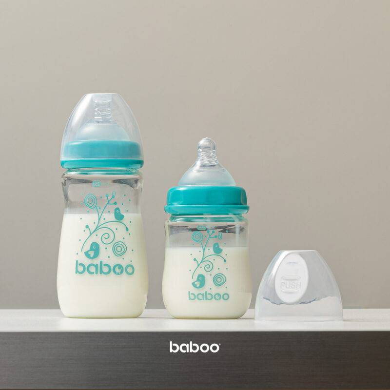 BABOO® pretkoliku borosilikāta stikla barošanas pudele ar platu kakliņu un medicīniskās kvalitātes silikona knupīti, 3+ mēneši, 250 ml - Image 5