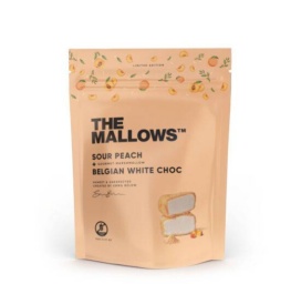 THE MALLOWS skābās persiku zefīrs, pārklātas ar baltu Beļģijas šokolādi, 90 g