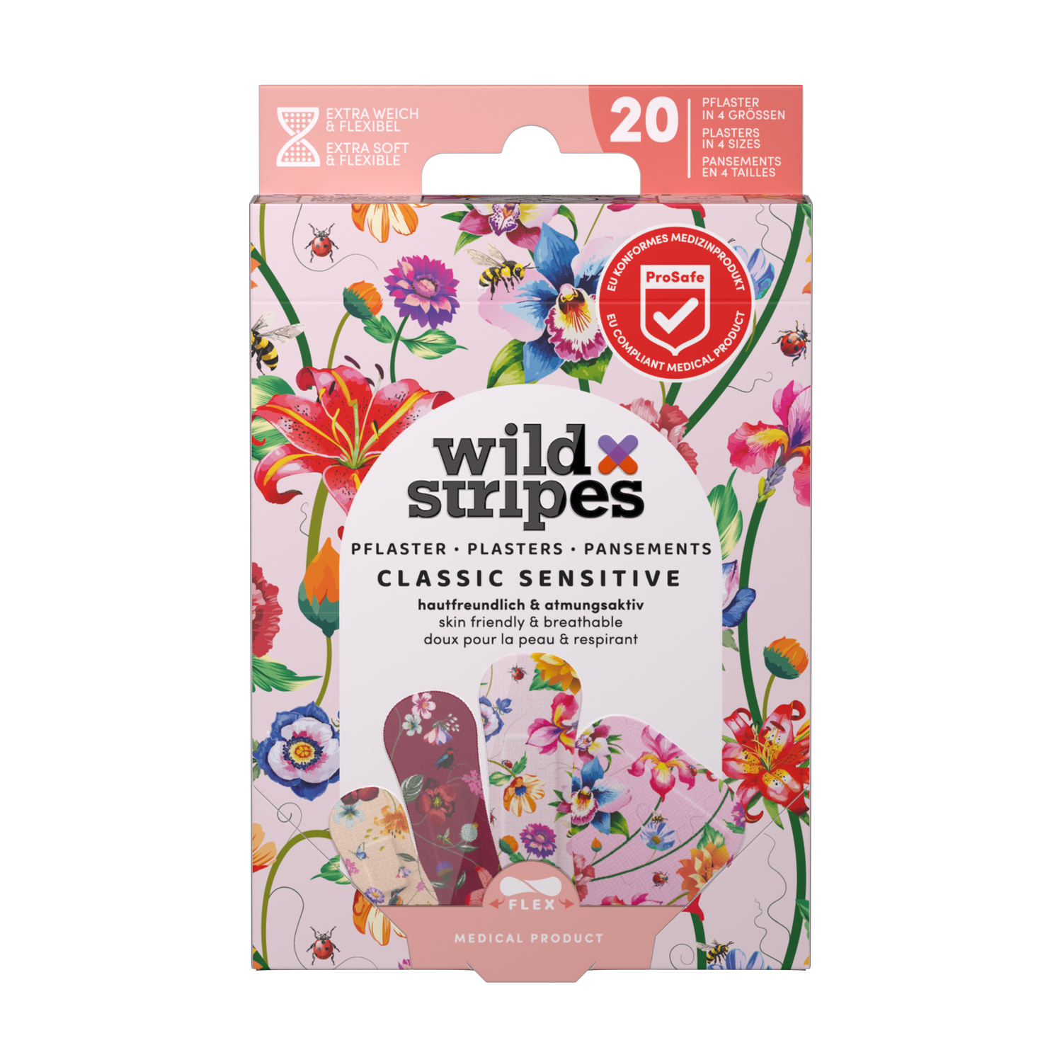 WILD STRIPES Classic Sensitive Vintage Flowers jautri un ādai draudzīgi plāksteri jutīgai ādai, 20 gab.