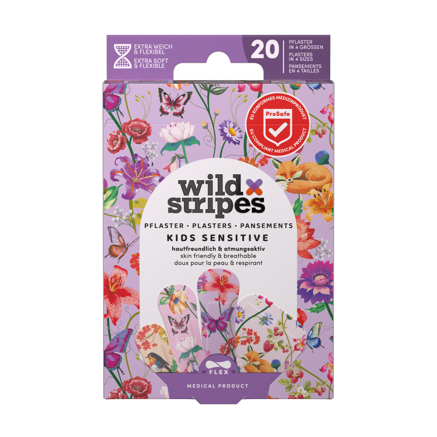 WILD STRIPES Kids Sensitive dārza piedzīvojumu jautri un ādai draudzīgi plāksteri jutīgai ādai, 20 gab.