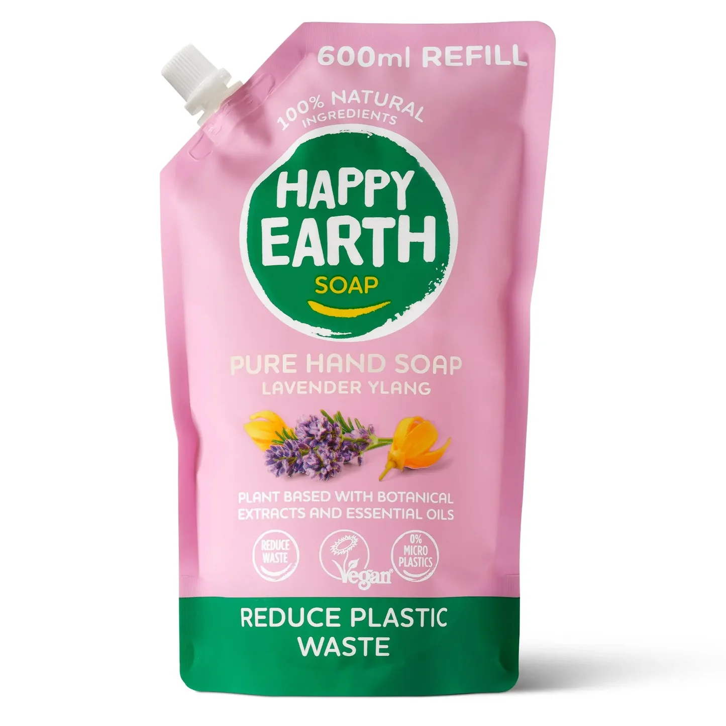 HAPPY EARTH 100% dabīgu šķidro ziepju uzpildes iepakojums Lavender Ylang, 600 ml