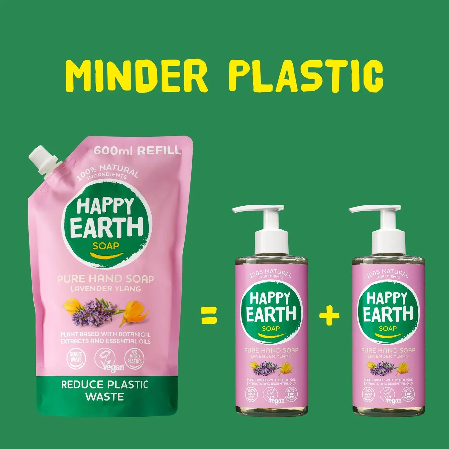 HAPPY EARTH 100% dabīgu šķidro ziepju uzpildes iepakojums Lavender Ylang, 600 ml - Image 2