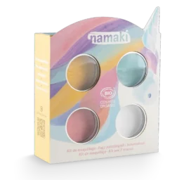 NAMAKI BIO sejas krāsu komplekts: rozā, gaiši zila, zeltaini dzeltena, balta un pagaidu tetovējumi, Vienradzis