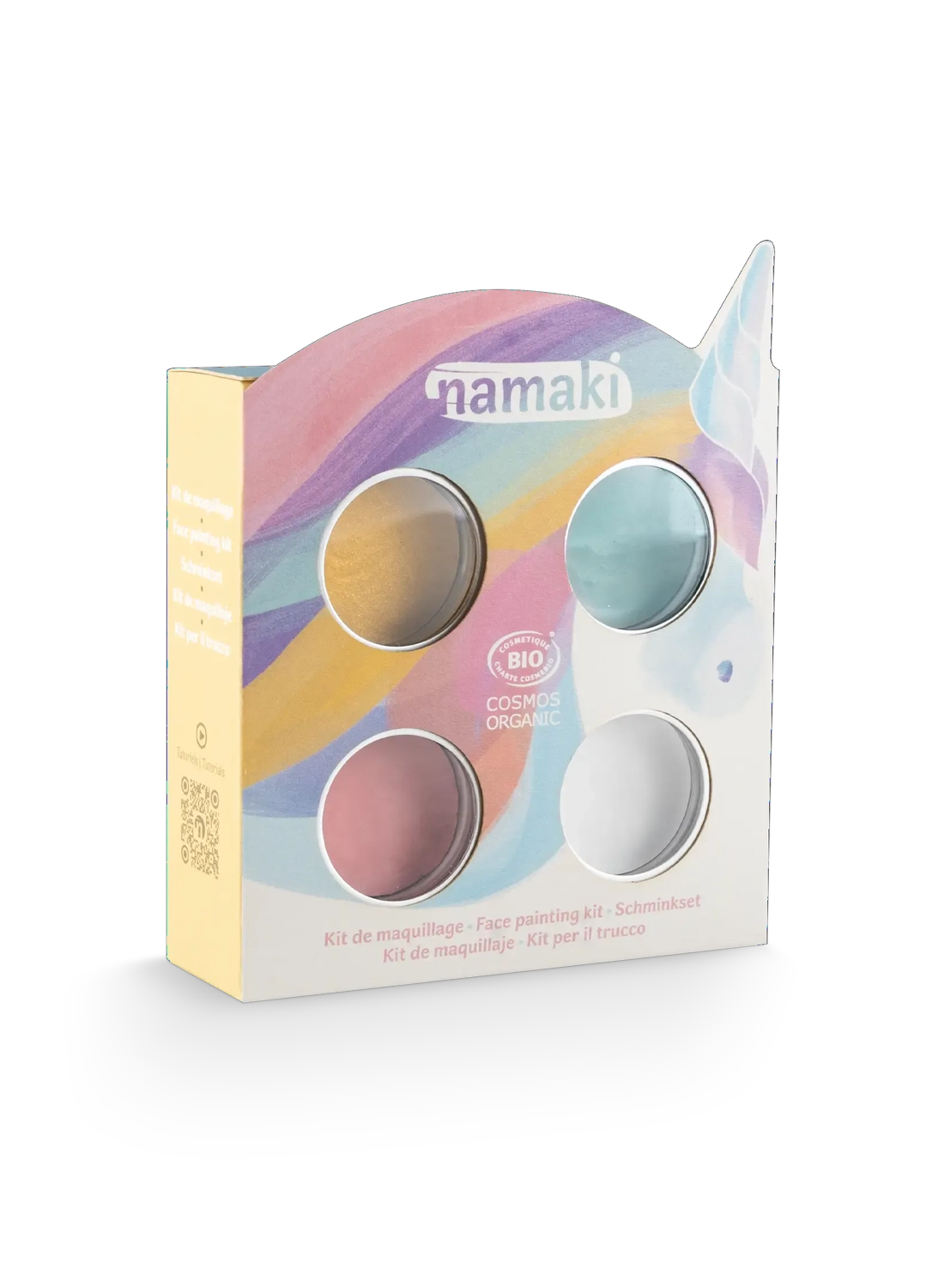 NAMAKI BIO sejas krāsu komplekts: rozā, gaiši zila, zeltaini dzeltena, balta un pagaidu tetovējumi, Vienradzis
