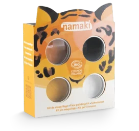 NAMAKI BIO sejas krāsu komplekts: melna, oranža, zeltaini dzeltena, balta un pagaidu tetovējumi, dzīvnieki