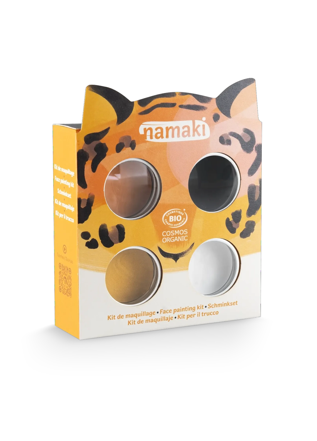NAMAKI BIO sejas krāsu komplekts: melna, oranža, zeltaini dzeltena, balta un pagaidu tetovējumi, dzīvnieki