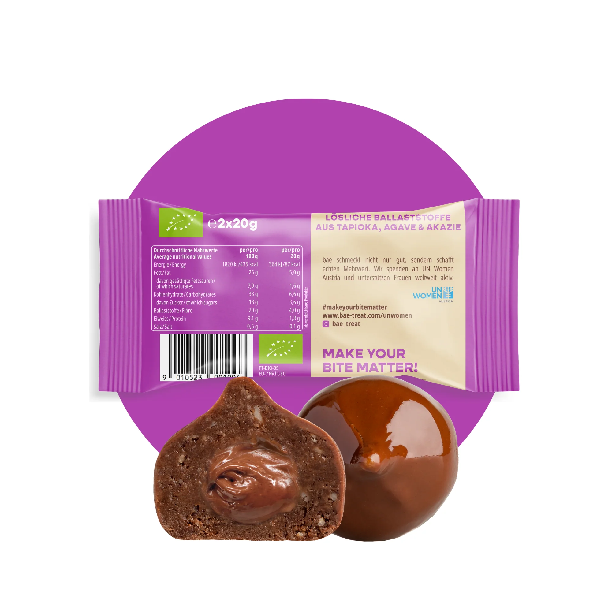 BAE bioloģiski dateļu kumosiņi ar nugas krēmu Šveices šokolādē Krēmīga nuga, 2x20g - Image 3