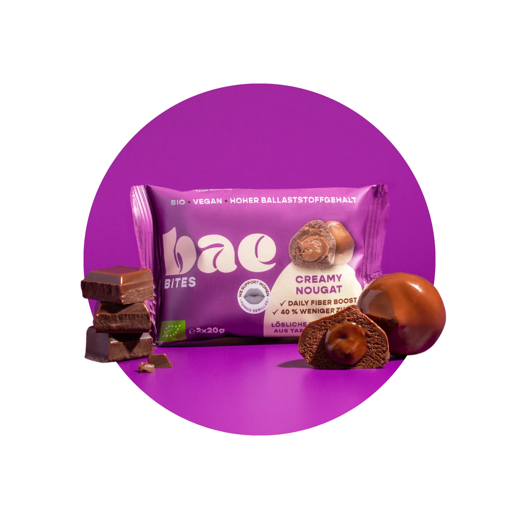 BAE bioloģiski dateļu kumosiņi ar nugas krēmu Šveices šokolādē Krēmīga nuga, 2x20g