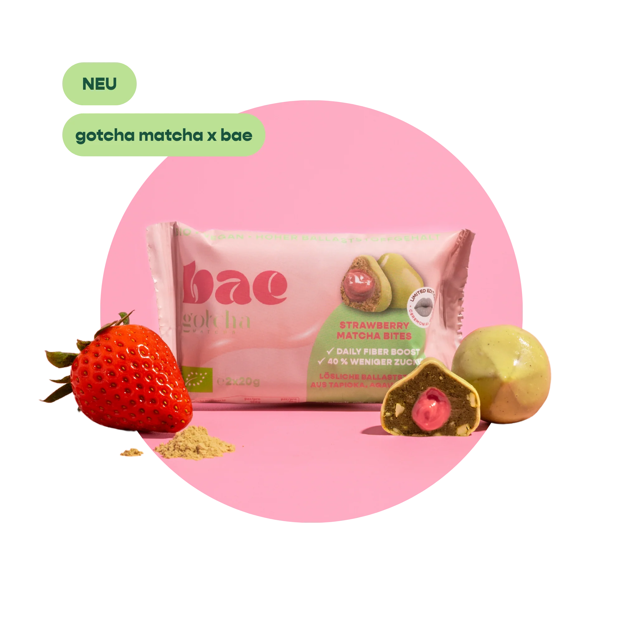 BAE bioloģiski matcha dateļu kumosiņi ar zemeņu krēmu un Šveices šokolādi, zemeņu matcha, 2x20 g