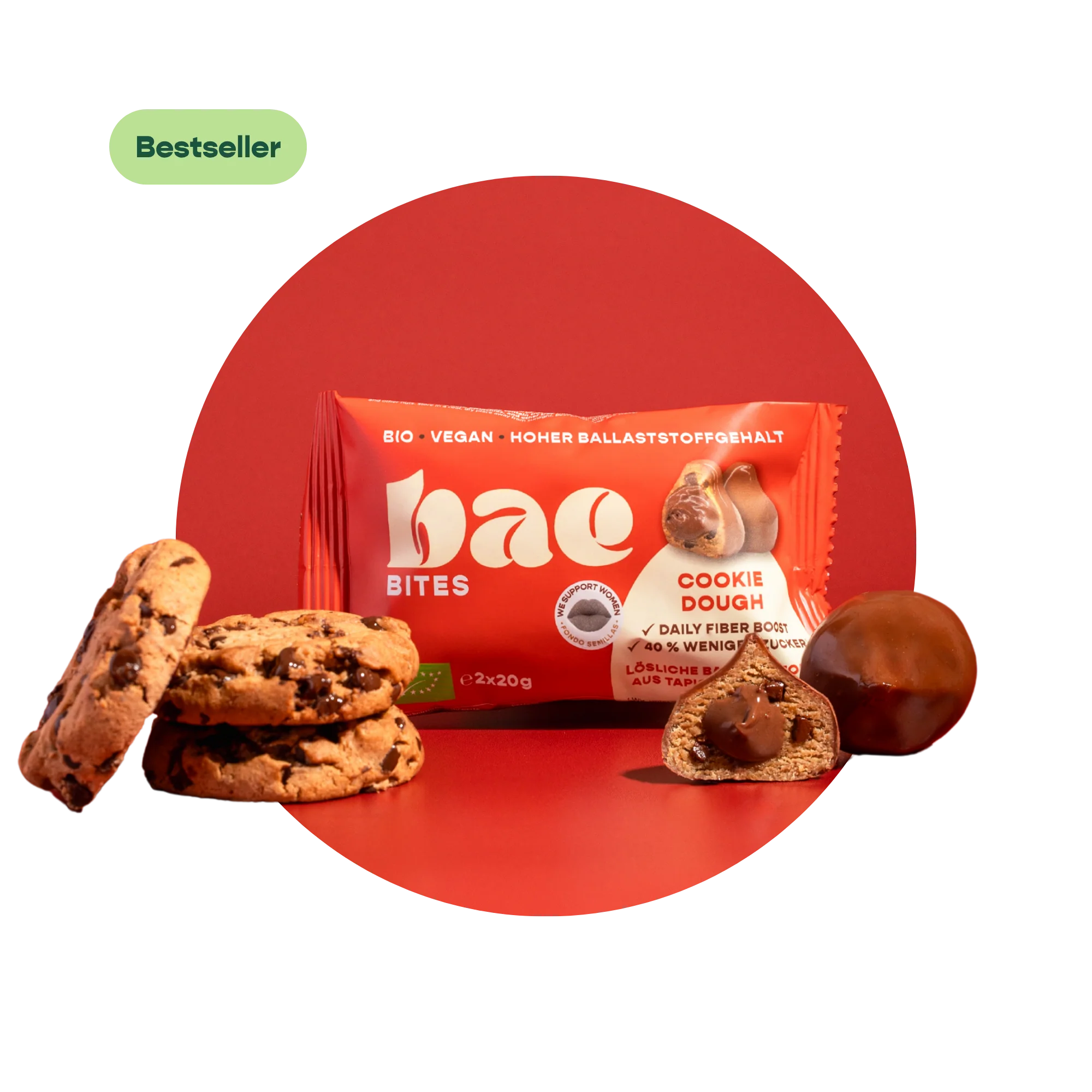 BAE bioloģiski dateļu kumosiņi ar šokolādes krēmu Šveices šokolādē, cepumu mīkla, 2x20g