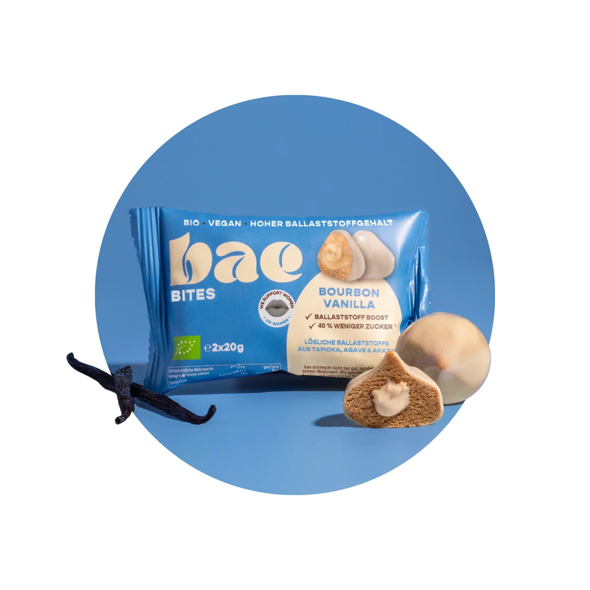 BAE bioloģiski dateļu kumosiņi ar vaniļas krēma pildījumu Šveices šokolādes glazūrā ar Burbonas vaniļu, 2x20g