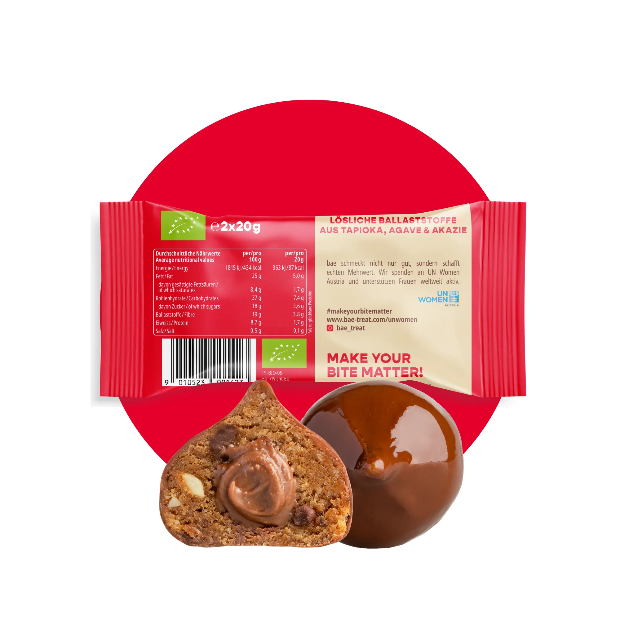 BAE bioloģiski dateļu kumosiņi ar šokolādes krēmu Šveices šokolādē, cepumu mīkla, 2x20g - Image 3