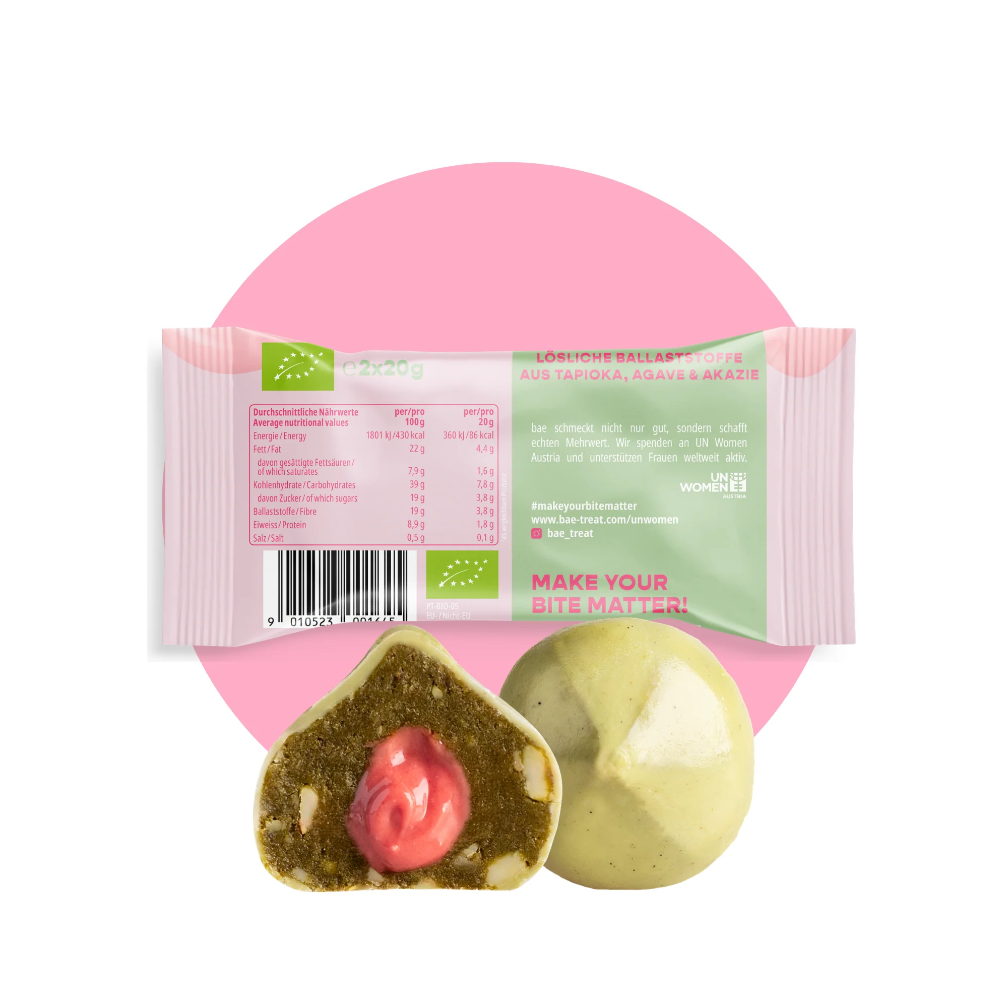 BAE bioloģiski matcha dateļu kumosiņi ar zemeņu krēmu un Šveices šokolādi, zemeņu matcha, 2x20 g - Image 3