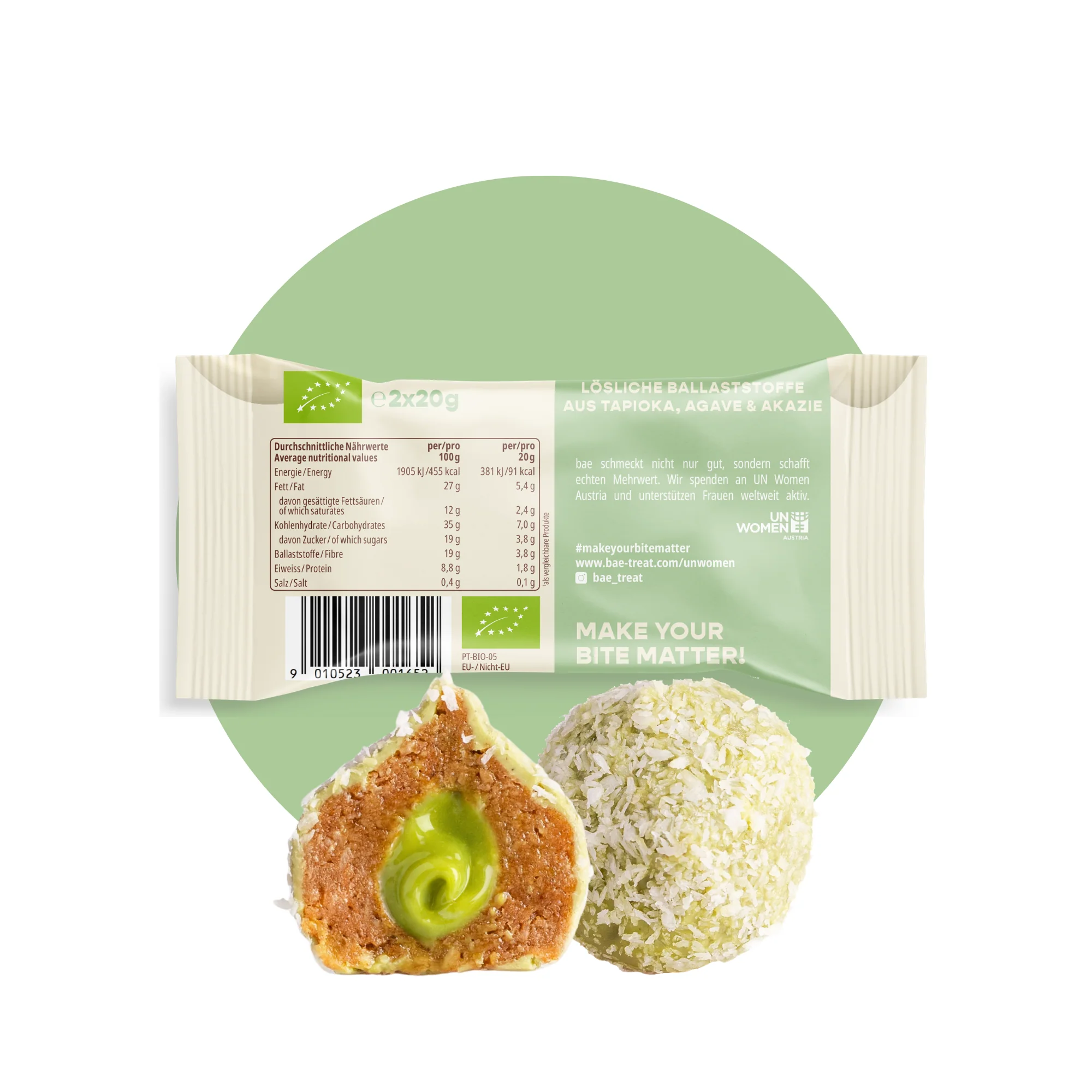 BAE bioloģiski matcha dateļu kumosiņi ar kokosriekstu krēmu un Šveices šokolādi, kokosriekstu matcha, 2x20 g - Image 3
