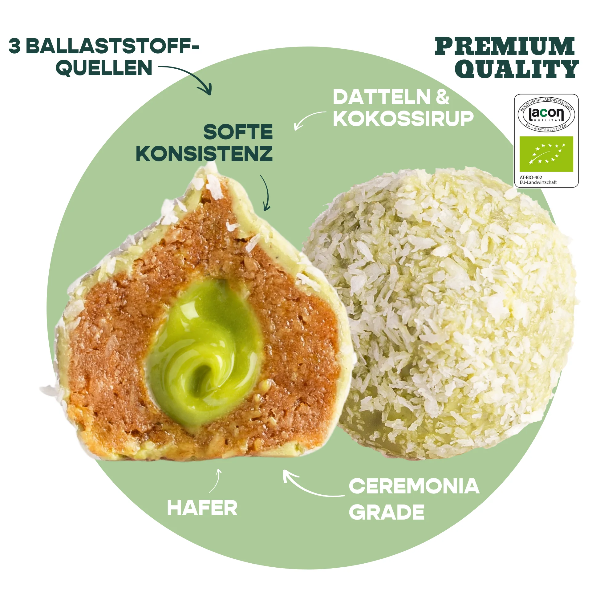 BAE bioloģiski matcha dateļu kumosiņi ar kokosriekstu krēmu un Šveices šokolādi, kokosriekstu matcha, 2x20 g - Image 2