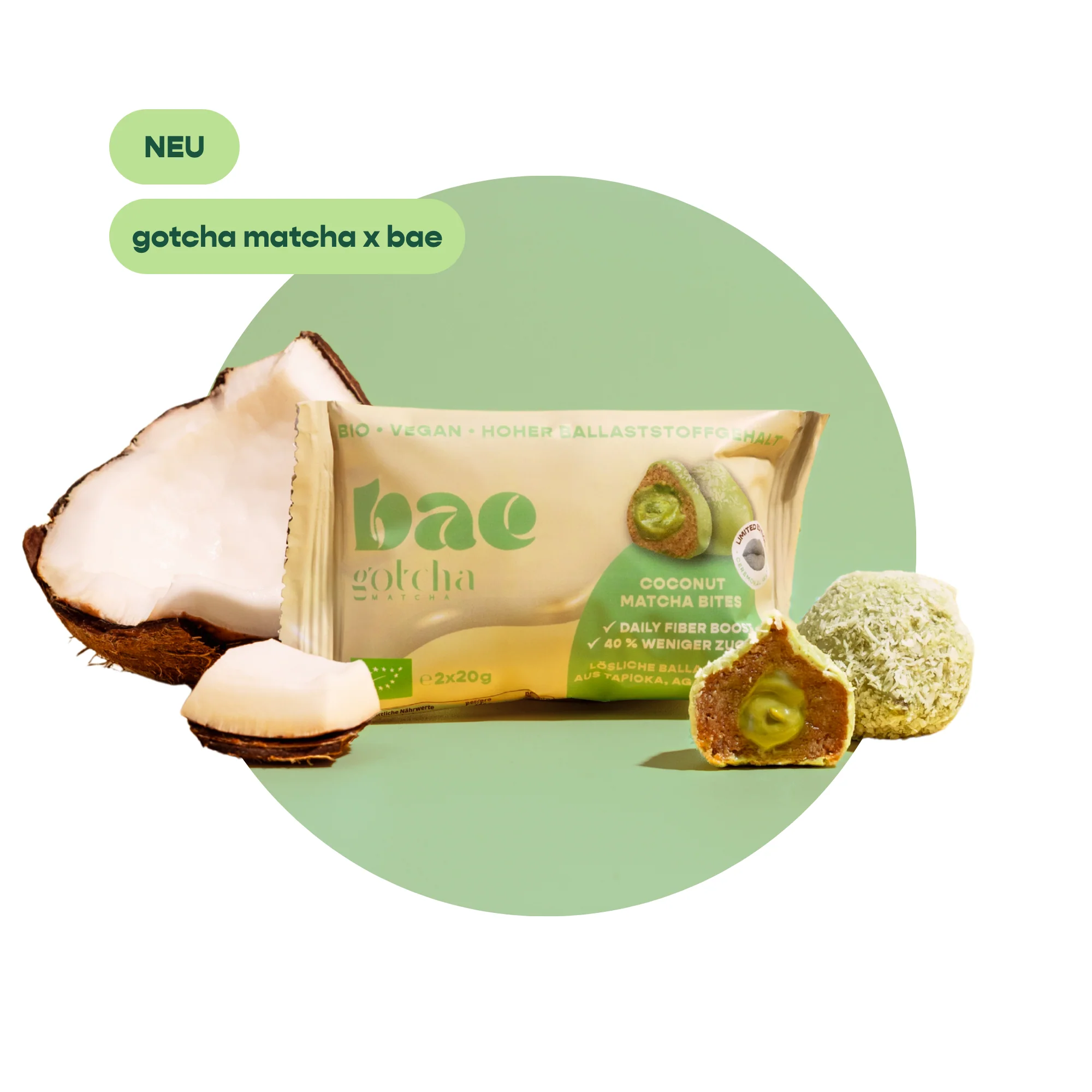 BAE bioloģiski matcha dateļu kumosiņi ar kokosriekstu krēmu un Šveices šokolādi, kokosriekstu matcha, 2x20 g