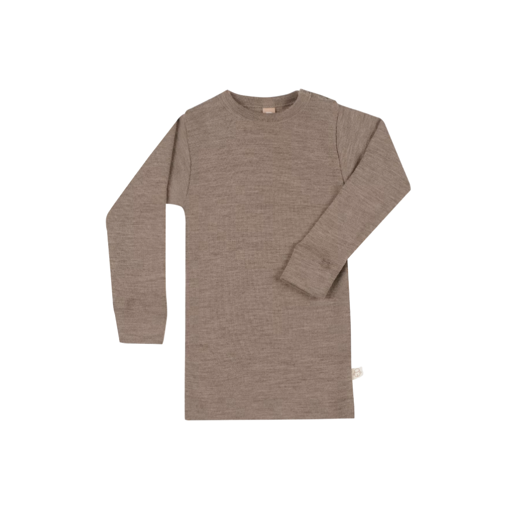 DILLING 100% merino vilnas blūze ar garām piedurknēm brūnā melanžā, izmērs 86
