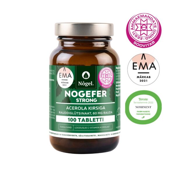 NOGEL NOGEFER spēcīgs acerolas ķiršu dzelzs uztura bagātinātājs 60 mg, 100 gab.