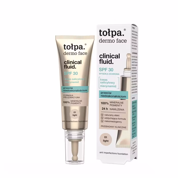 TOŁPA Dermo Face Clinical tonālais krēms pret ādas nepilnībām SPF30 tonī Light 01, 25 ml