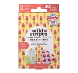 WILD STRIPES Classic Sensitive Kids hipoalerģiski un ādai draudzīgi brūču plāksteri bērniem Fruity Friends, 20 gab.