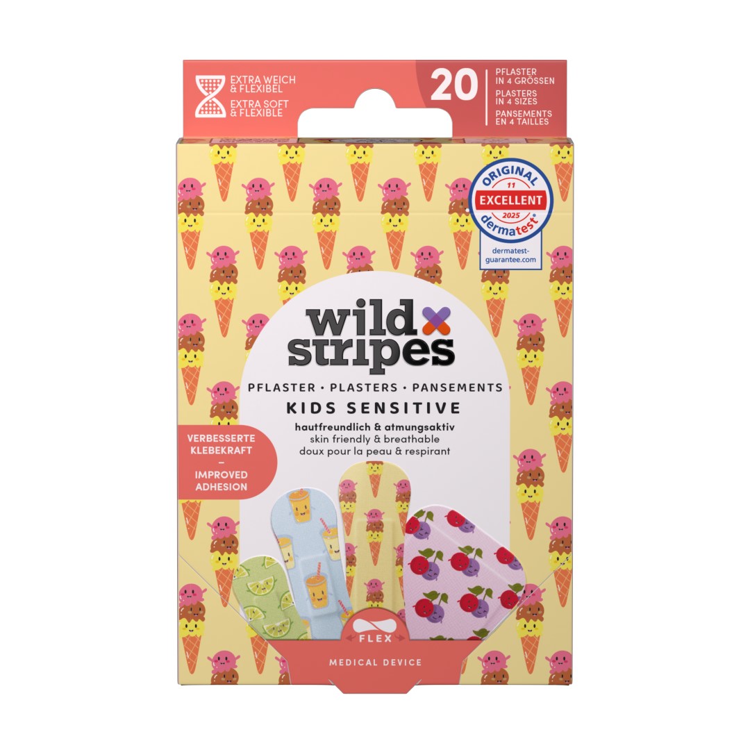 WILD STRIPES Classic Sensitive Kids hipoalerģiski un ādai draudzīgi brūču plāksteri bērniem Fruity Friends, 20 gab.