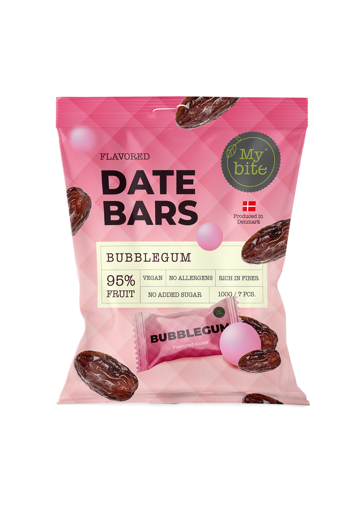 MYBITE dateļu batoniņi ar košļājamās gumijas garšu, 7 gab., kopā 100 g