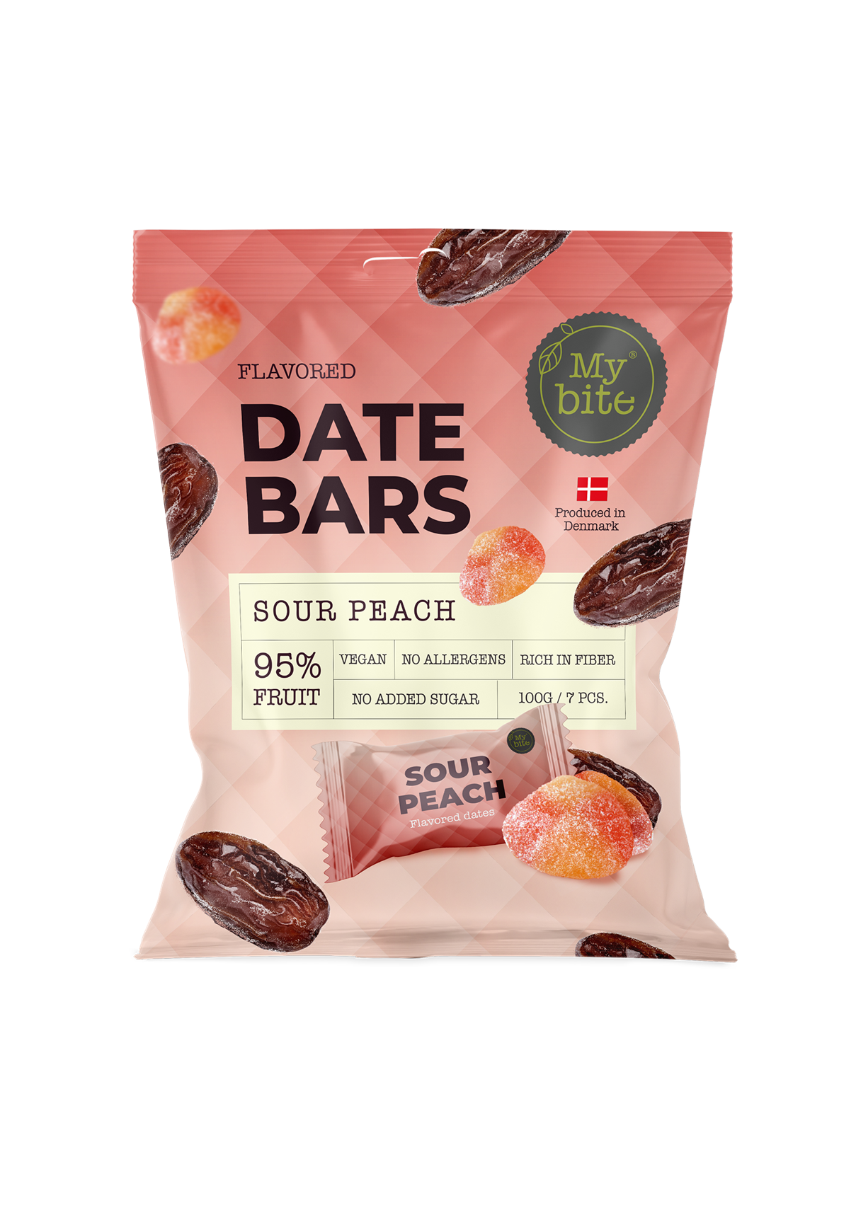 MYBITE dateļu batoniņš ar skābā persika garšu, 7 gab., kopā 100 g