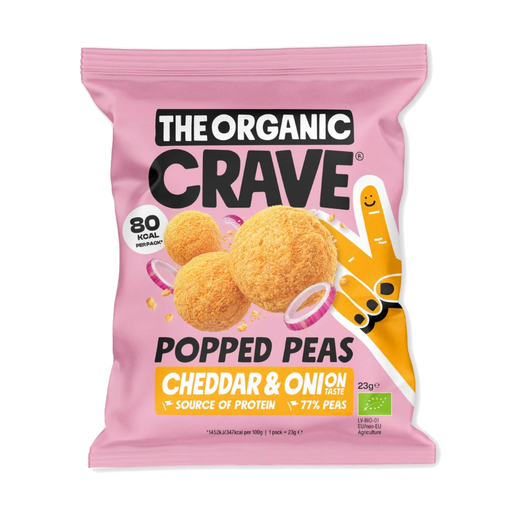 ORGANIC CRAVE bioloģiskie zirņu čipsi ar augstu olbaltumvielu saturu, ar Čedaras siera un sīpolu garšu, 23 g