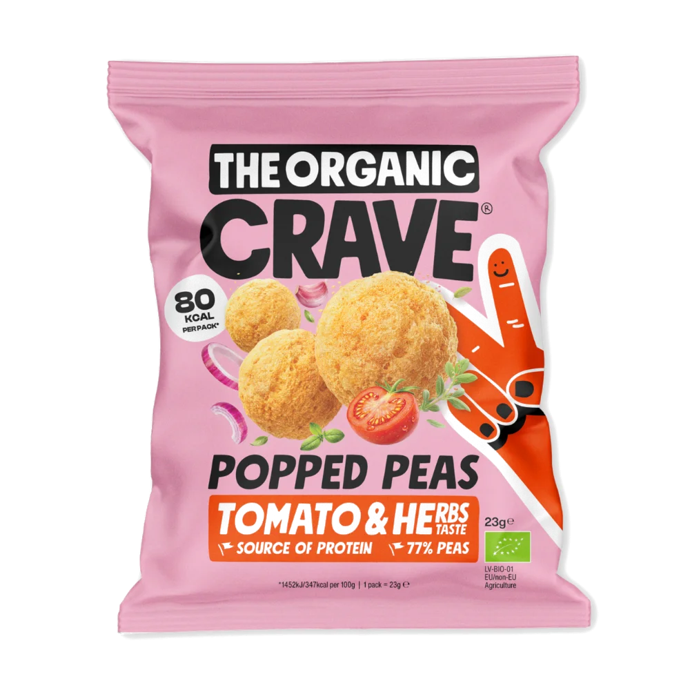 ORGANIC CRAVE Bioloģiskas zirņu uzkodas ar augstu olbaltumvielu saturu, tomātu un garšaugiem, 23 g