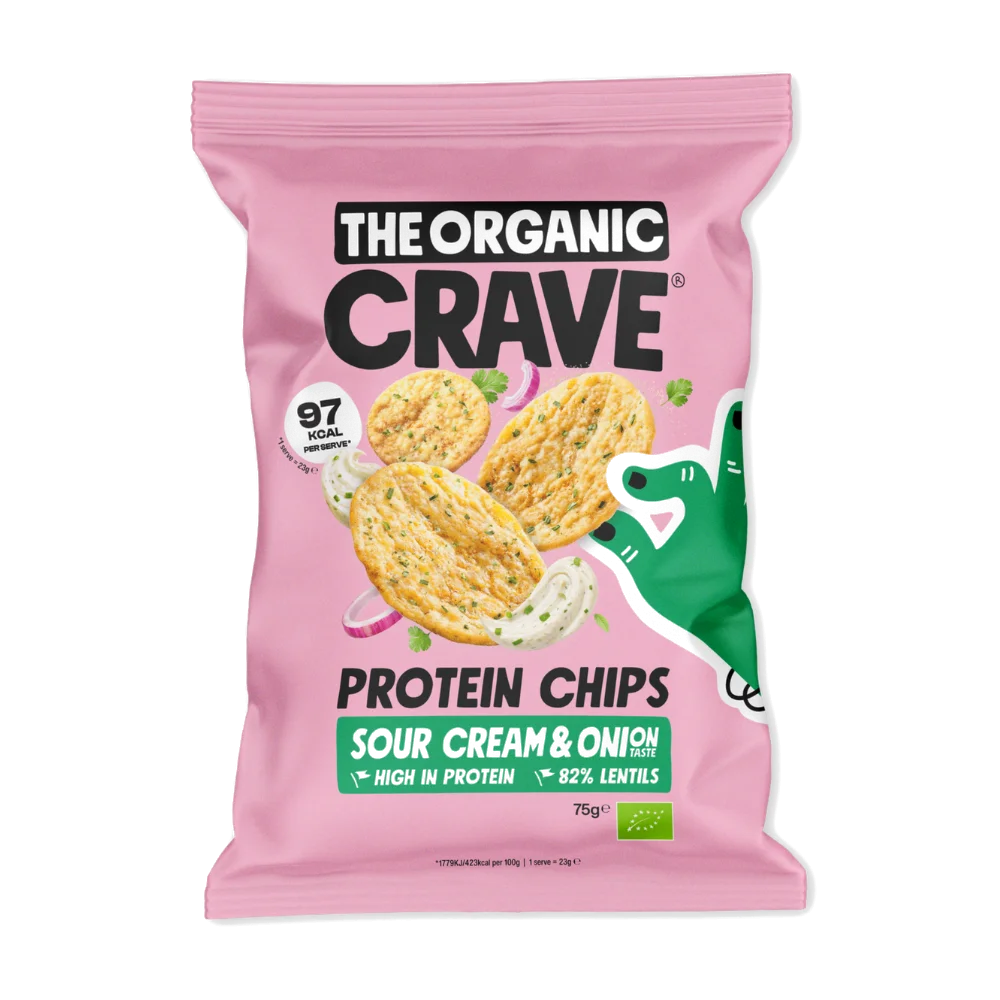 ORGANIC CRAVE Bioloģiski lēcu čipsi ar augstu olbaltumvielu saturu, ar skābā krējuma un sīpolu garšu, 75 g